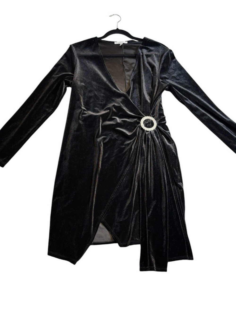 Tash + Sophie Black Velvet Faux Wrap Mini Dress Rhinestone Buckle XL EUC